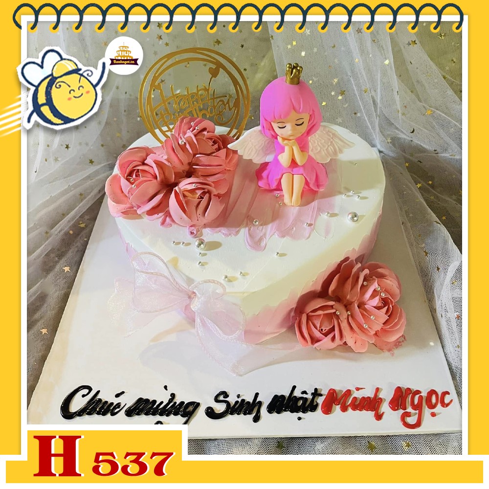 Bánh kem sinh nhật H537 trái tim nàng tiên bướm và hoa hồng