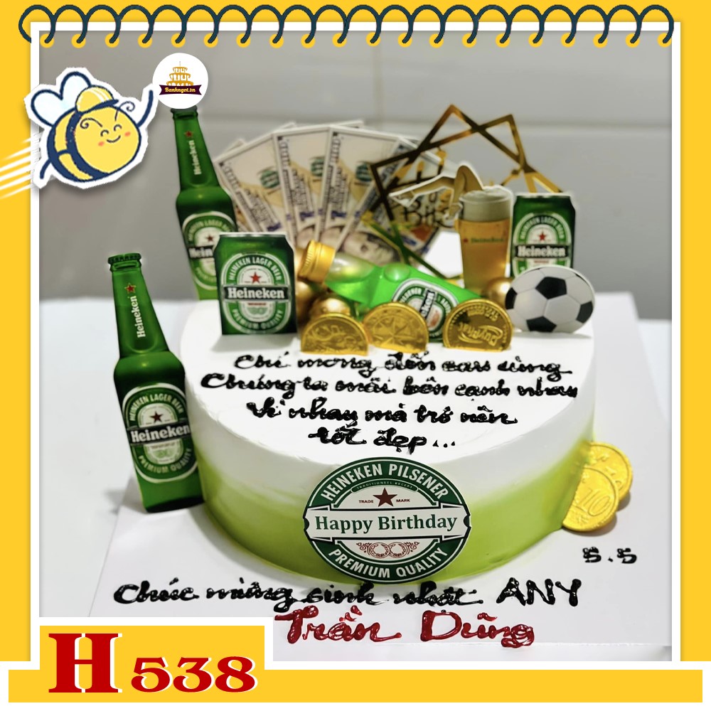 Bánh kem sinh nhật H538 Heineken cho nam, trang trí chai bia, bóng đá