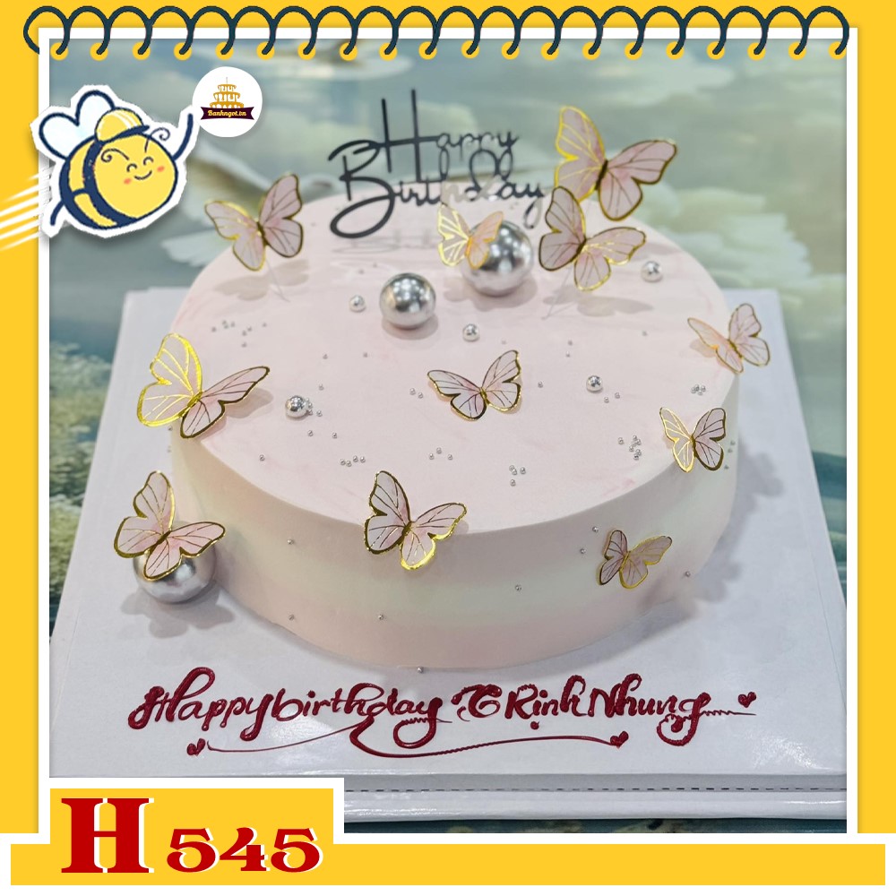 Bánh kem sinh nhật H545 bướm trắng, bướm vàng bay lượn và bi bạc