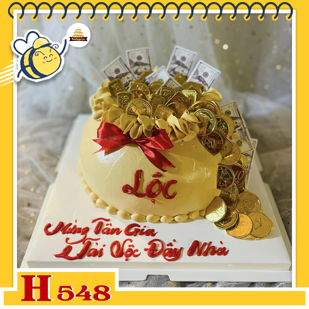 Bánh kem sinh nhật H548 bọc vàng tiền đô và đồng xu tài lộc
