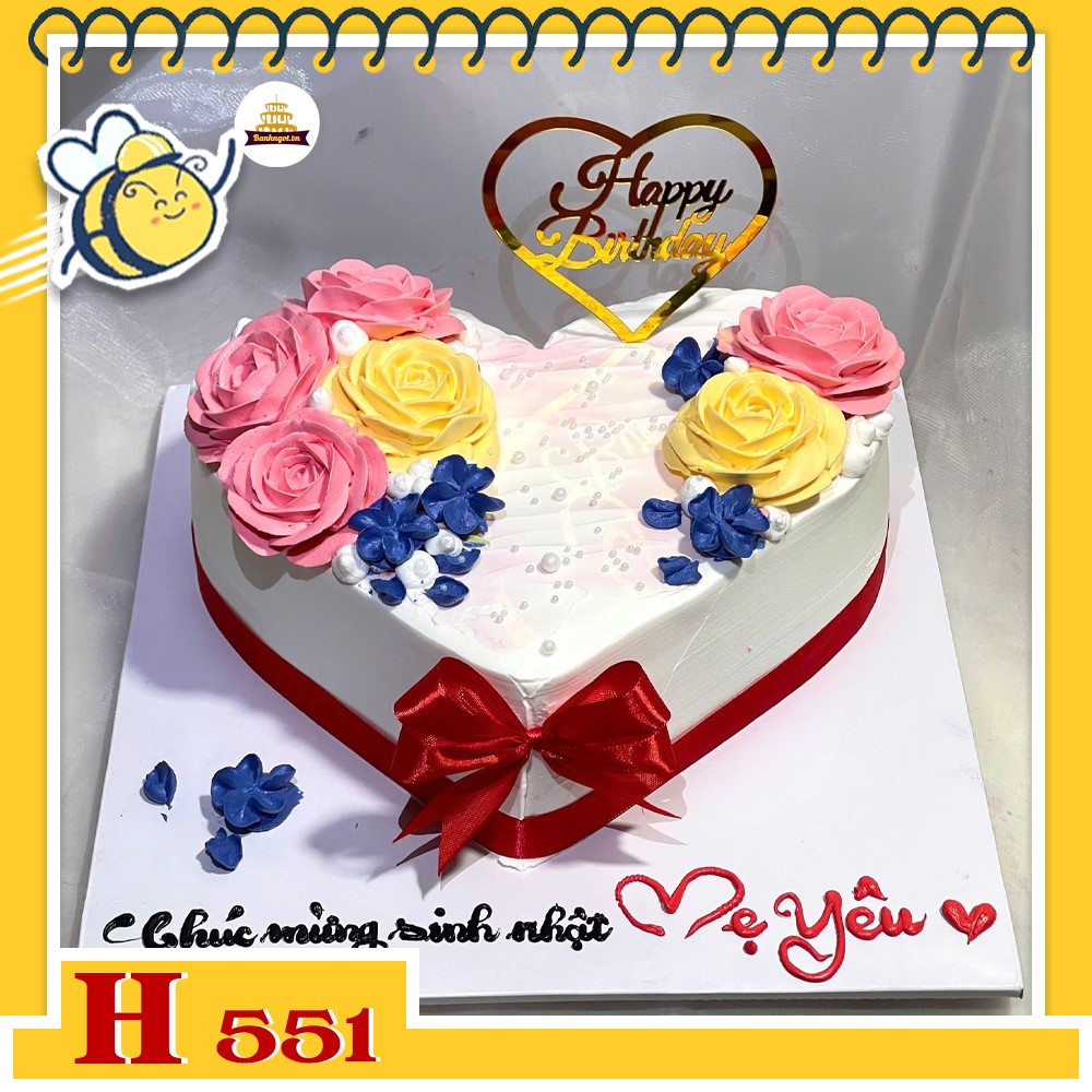 Bánh kem sinh nhật H551 trái tim phối hoa hồng nhiều màu sắc ngọt ngào