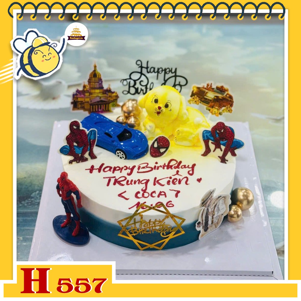 Bánh kem sinh nhật H557 trang trí gấu dâu lãng mạn, bông hoa kem
