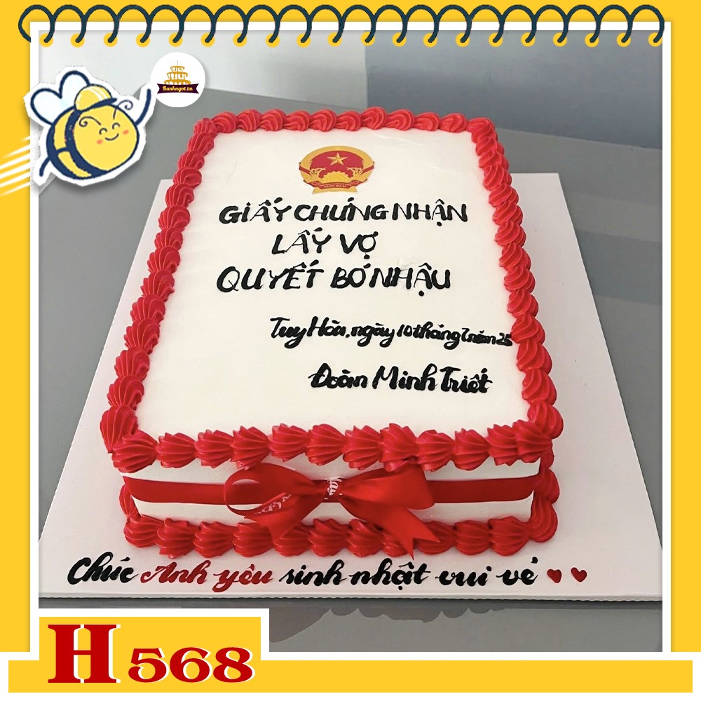 Bánh kem sinh nhật H568 hình giấy chứng nhận lấy vợ hài hước