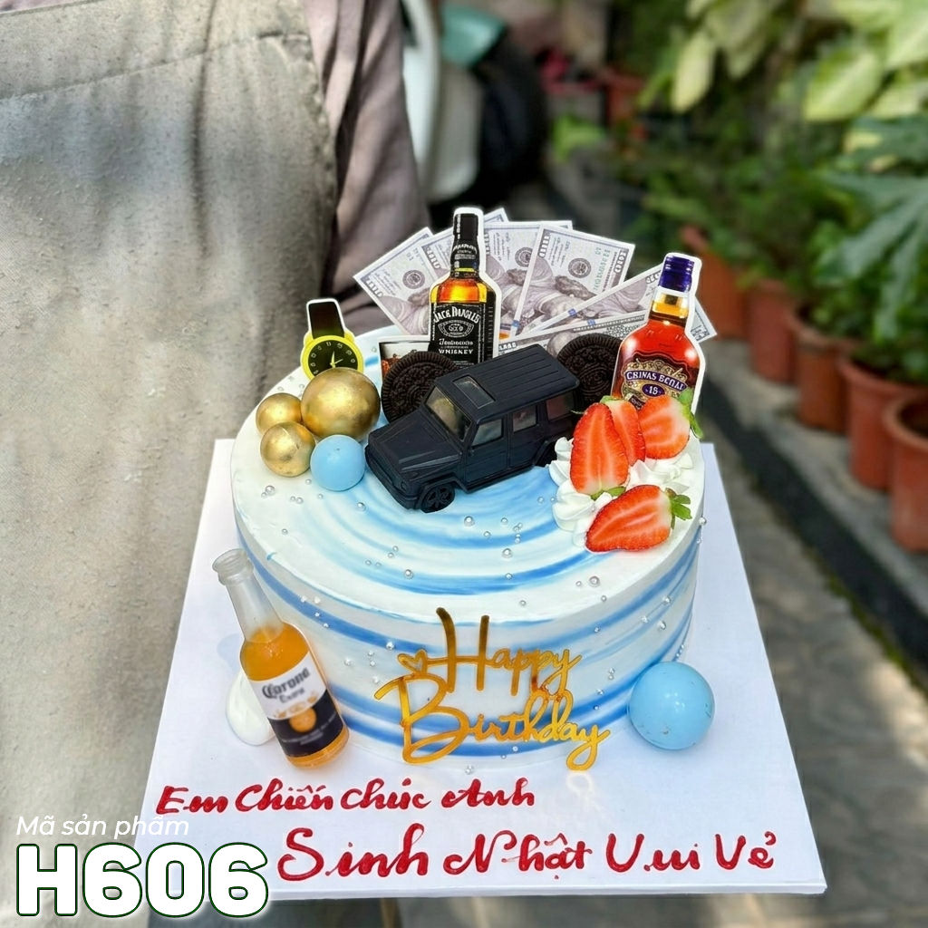 Bánh kem H606 tông xanh trắng sang trọng tặng nam giới phụ kiện ô tô rượu ngoại