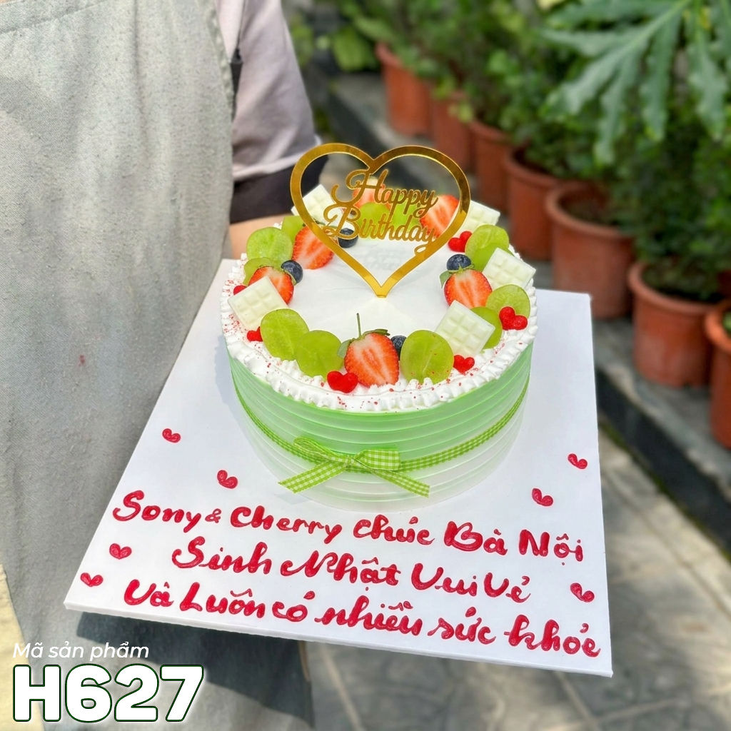 Bánh kem H627 tone xanh lá nhẹ nhàng mix trái cây và socola trắng