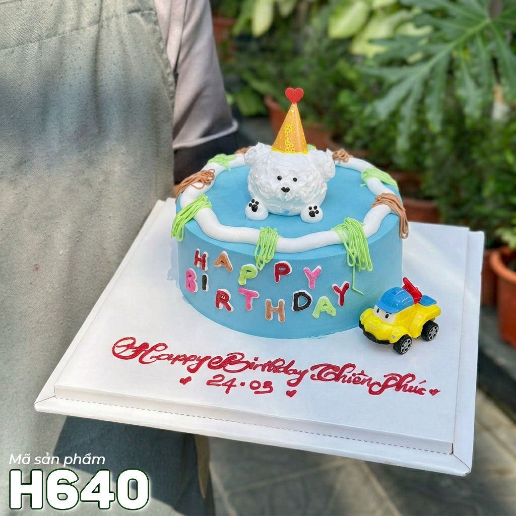 Bánh kem H640 cún trắng và xe ô tô đồ chơi cho bé trai