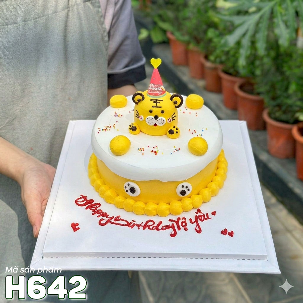 Bánh kem H642 hổ vàng đội mũ chóp mừng sinh nhật bé trai