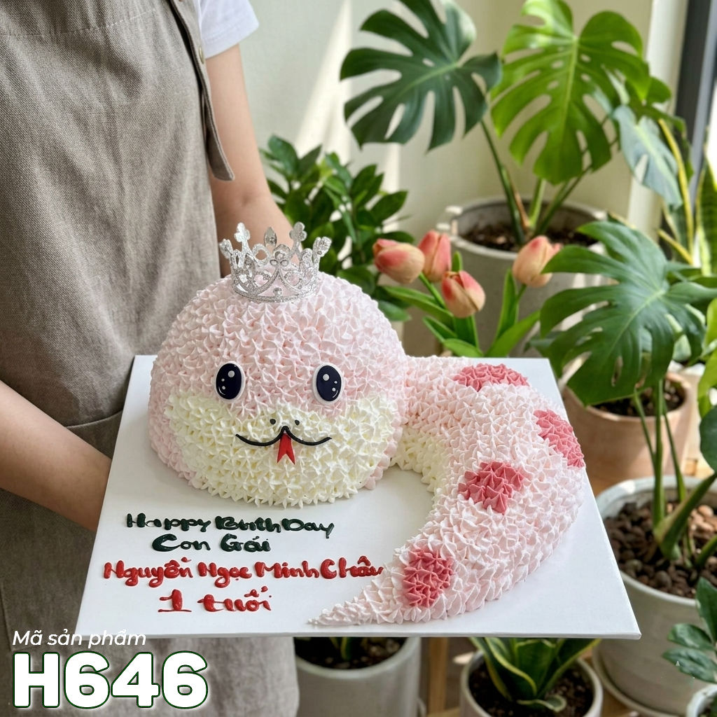 Bánh kem H646 hình chú rắn hồng đội vương miện cho bé gái
