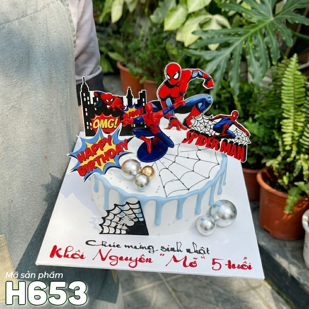 Bánh kem H653 siêu anh hùng Spiderman và mạng nhện xanh trắng