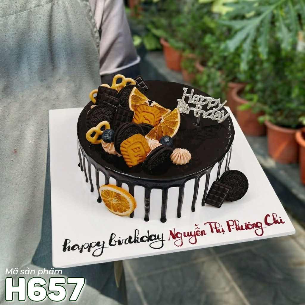Bánh kem H657 trang trí bánh quy socola và cam lát phong cách Vintage