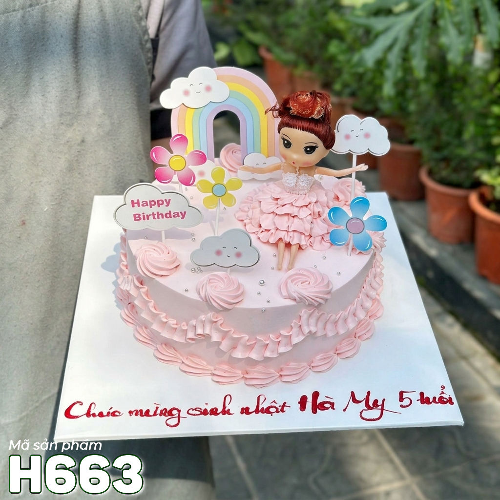 Bánh kem H663 bồng bềnh công chúa và cầu vồng cho bé gái