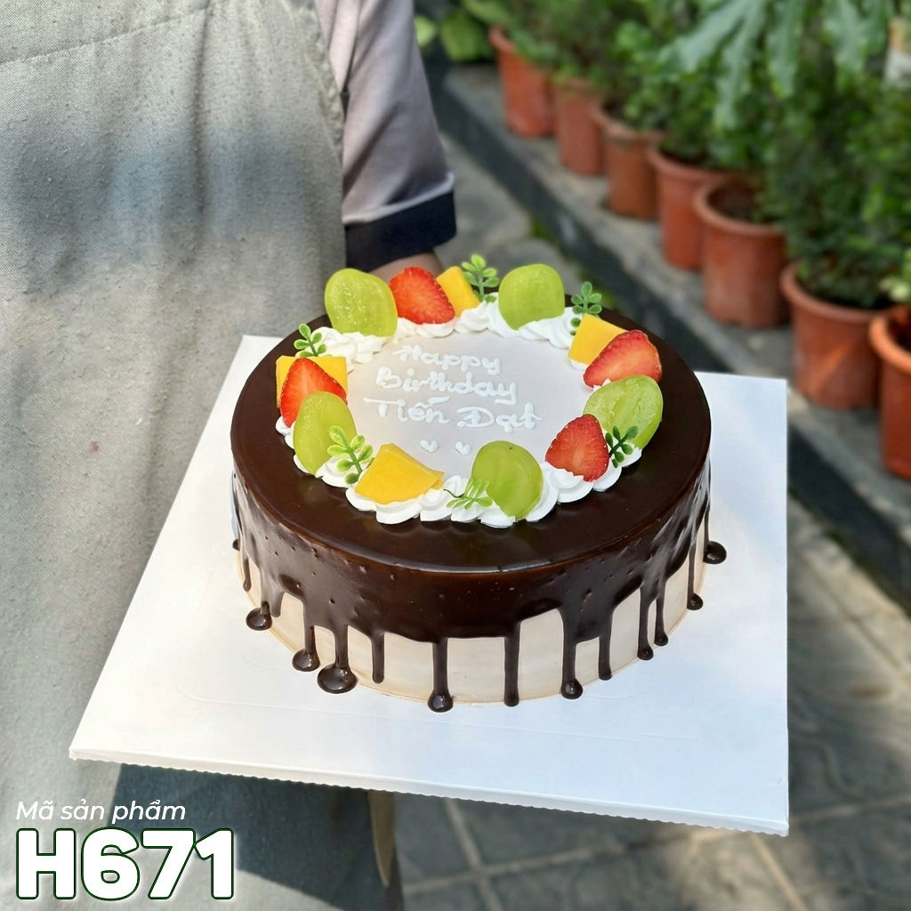 Bánh kem H671 chảy socola đen mix trái cây tươi hiện đại