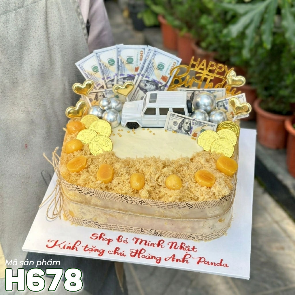 Bánh sinh nhật bông lan trứng muối H678 xế xịn và đô la tài lộc