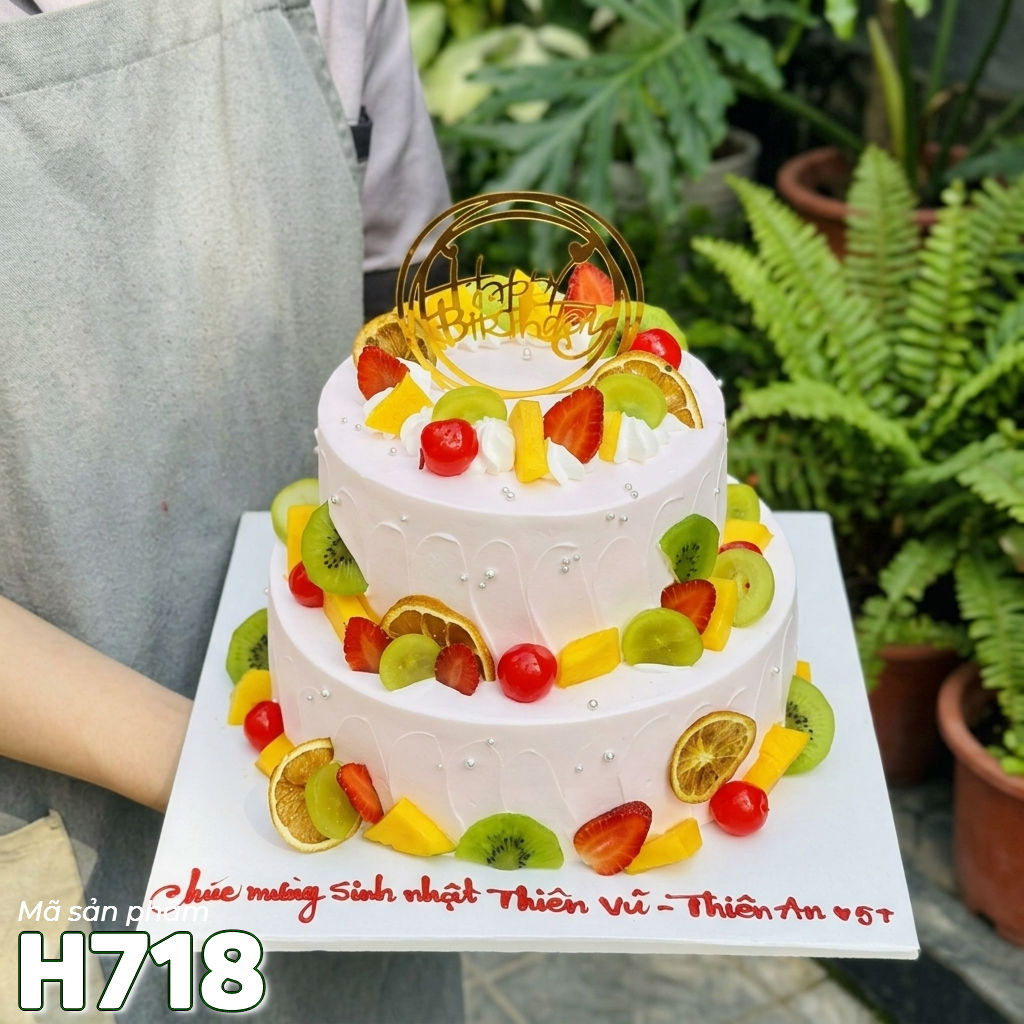 Bánh kem H718 hai tầng trắng tinh khôi phủ trái cây nhiệt đới tươi ngon