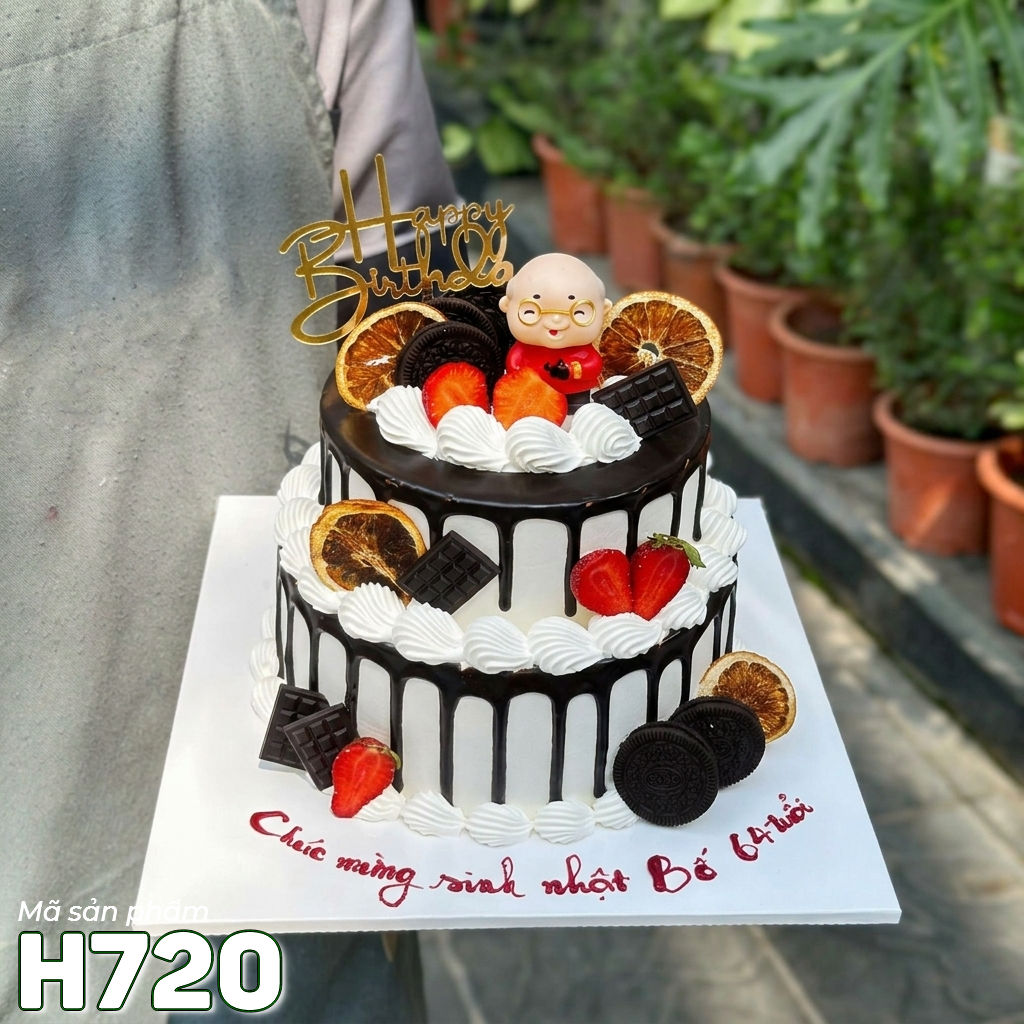Bánh kem H720 hai tầng đen trắng trang trí mô hình ông thọ và trái cây