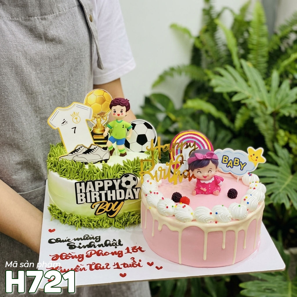Bánh kem đôi H721 hồng xanh bé trai và bé gái búp bê đá bóng