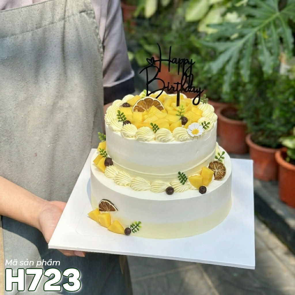 Bánh kem H723 hai tầng màu trắng kem phủ xoài tươi và lá xanh tinh tế