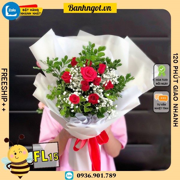 Bó hoa tươi FL15 hoa hồng đỏ và hoa bi mix lá xanh