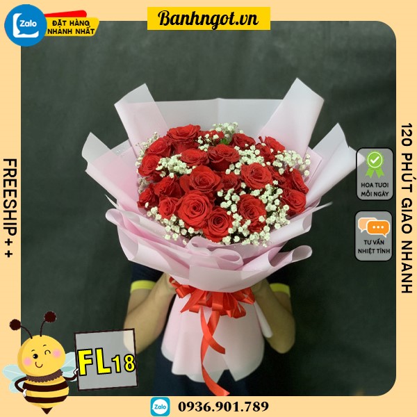 Bó hoa tươi FL18 hoa hồng đỏ mix hoa bi