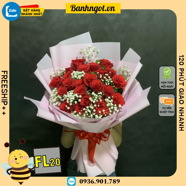 Bó hoa tươi FL20 hồng đỏ cùng hoa baby