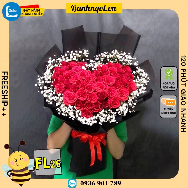 Bó hoa tươi FL26 rất nhiều hoa hồng tạo trái tim viền nhiều hoa bi