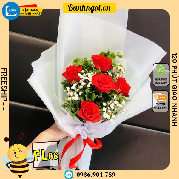 Bó hoa tươi FL06 nhỏ xinh 5 hoa hồng đỏ | Bánh kem hương vị Việt - Banhngot.vn Bó Hoa Tươi Fl06 Nhỏ Xinh 5 Hoa Hồng Đỏ | Bánh Kem Hương Vị Việt - Banhngot.Vn