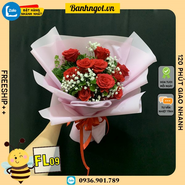 Bó hoa tươi FL09 hồng đỏ thắm phối hoa bi