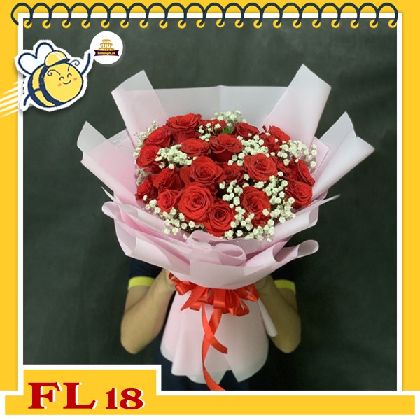 Bó hoa tươi FL18 hoa hồng đỏ mix hoa bi
