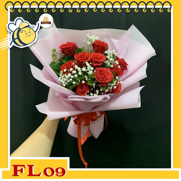 Bó hoa tươi FL09 hồng đỏ thắm phối hoa bi