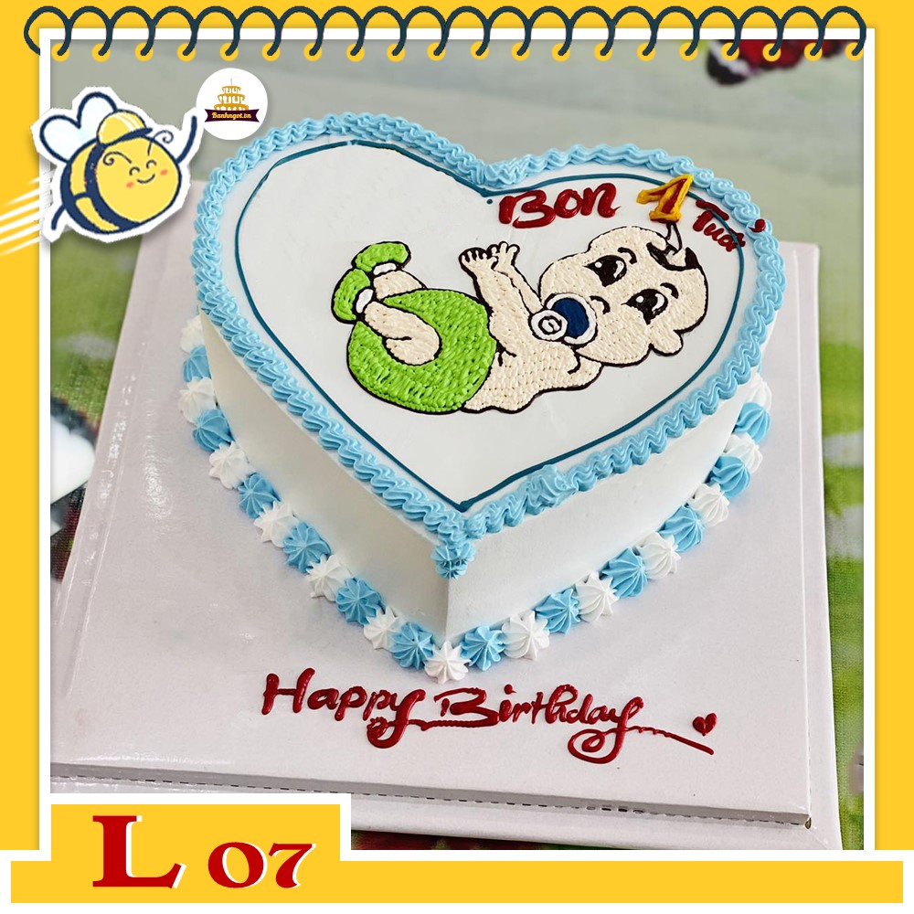 Bánh kem L07 đầy tháng bé trai bé gái trái tim màu xanh dễ thương
