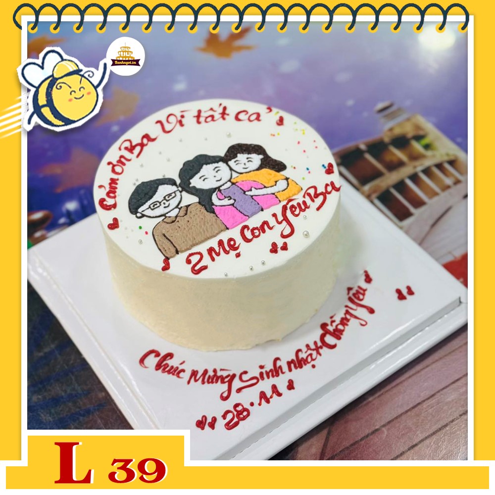 Bánh kem đẹp L39 vẽ hình chibi gia đình tặng bố mẹ