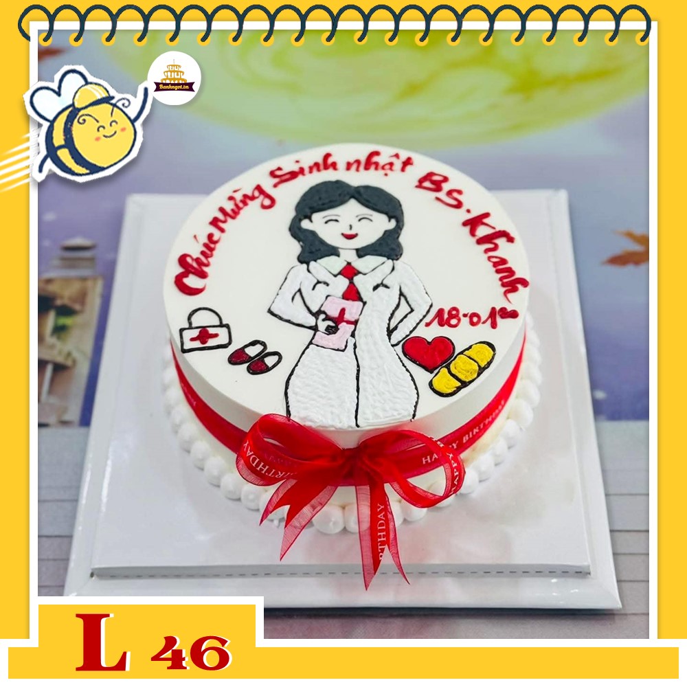 Bánh kem đẹp L46 vẽ hình chibi bác sĩ y tá cực ý nghĩa