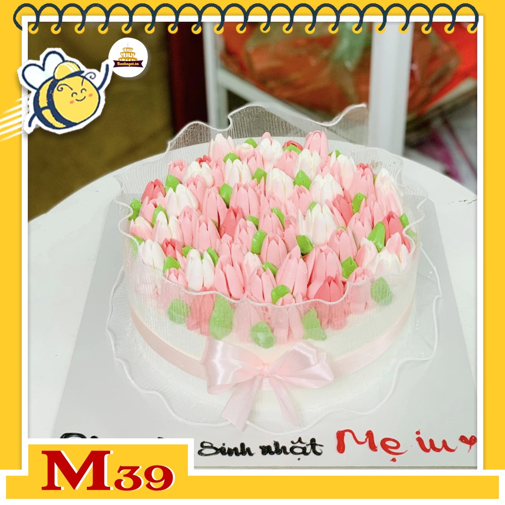Bánh kem M39 tặng mẹ đóa hoa tulip nhiều màu hồng phấn xinh đẹp