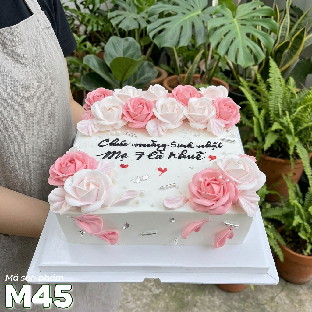 Bánh kem M45 sinh nhật mẹ hình vuông bắt hoa màu hồng tươi sáng