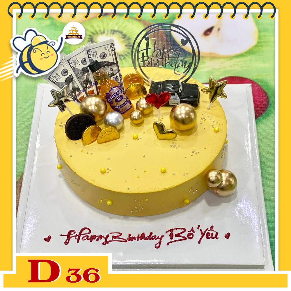 Mẫu bánh kem đẹp D36 nền vàng cùng phụ kiện sang trọng