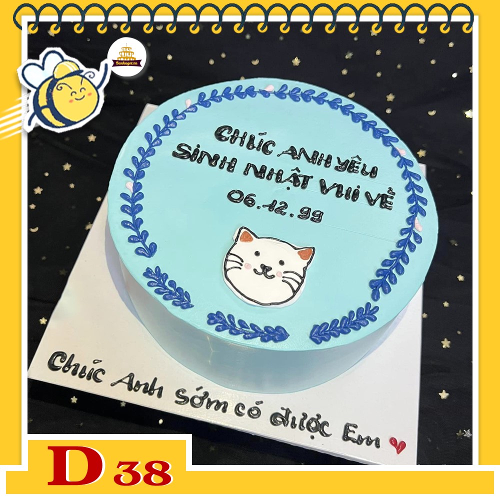 Mẫu bánh kem đẹp D38 nền xanh vẽ hình bé mèo cute