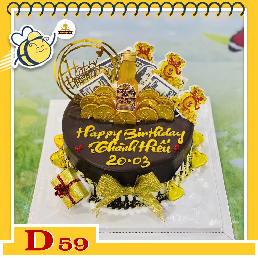 Mẫu bánh kem đẹp D59 phủ socola cắm phụ kiện tiền vàng đôla