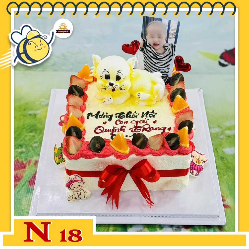 Bánh kem N18 khuôn vuông viền trái cây tươi in ảnh bé và bắt kem con giáp 3D