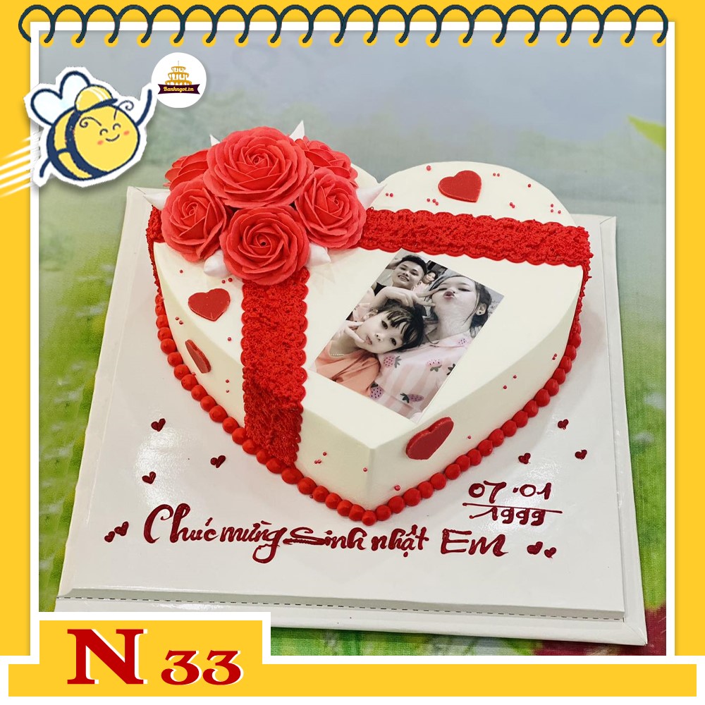 Bánh kem N33 khuôn trái tim thắt nơ hoa đỏ siêu xinh kèm in ảnh