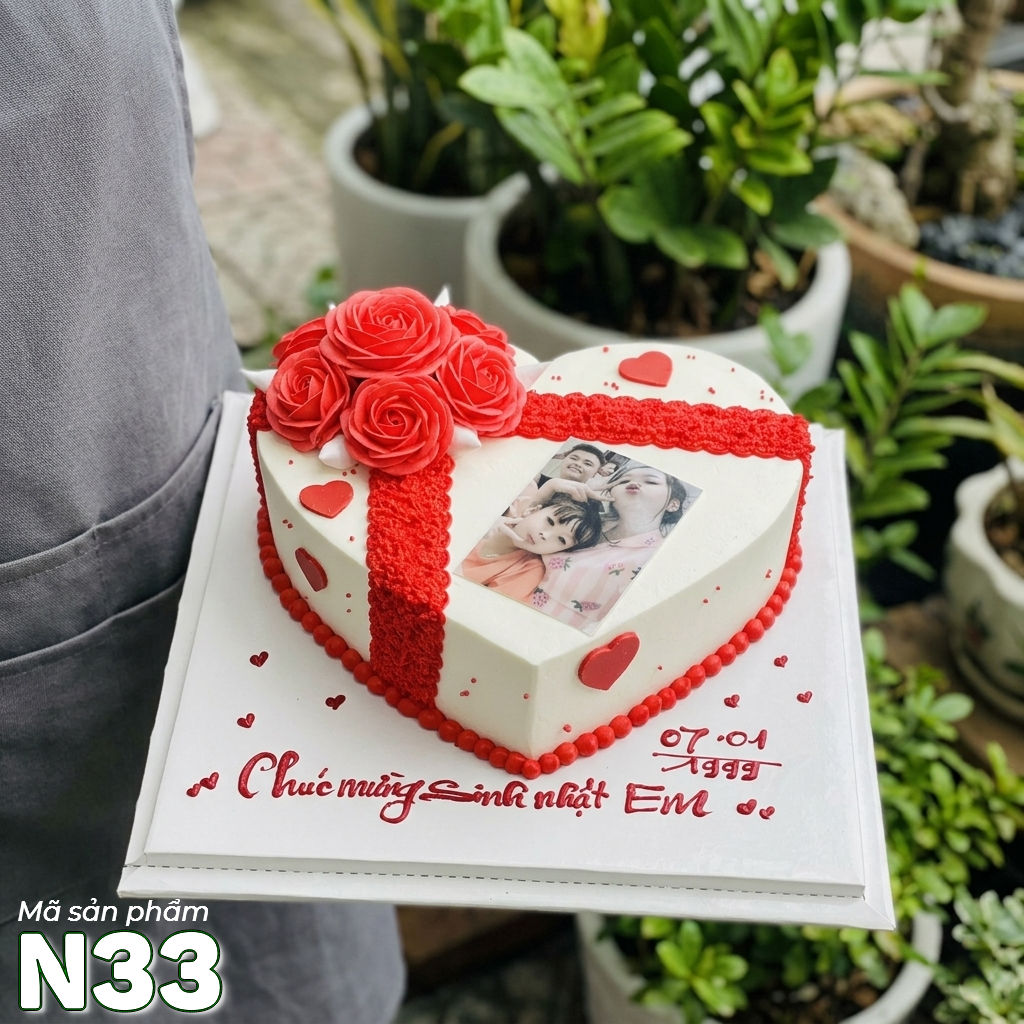 Bánh kem N33 khuôn trái tim thắt nơ hoa đỏ siêu xinh kèm in ảnh