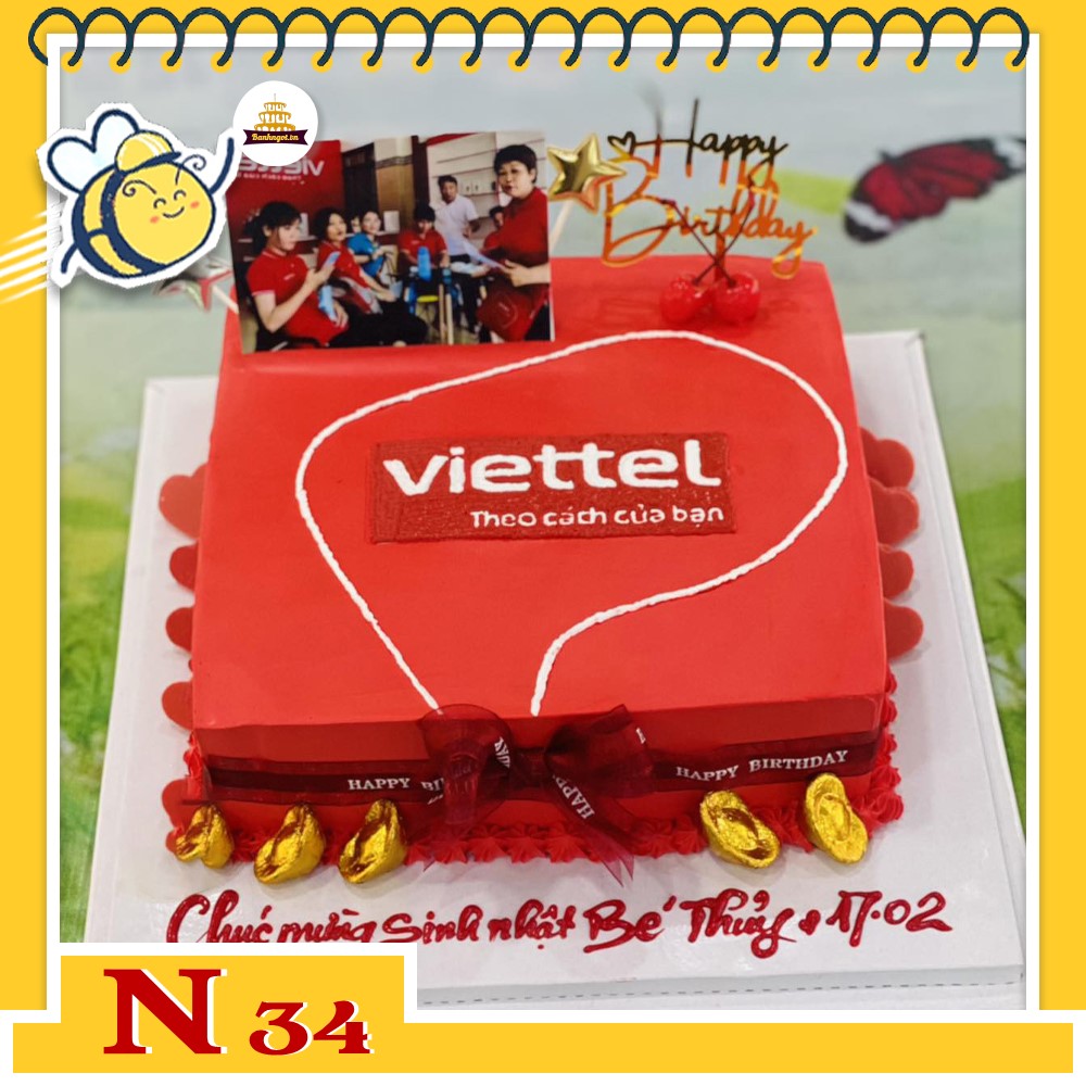 Bánh kem N34 in ảnh logo doanh nghiệp khuôn hình vuông màu đỏ