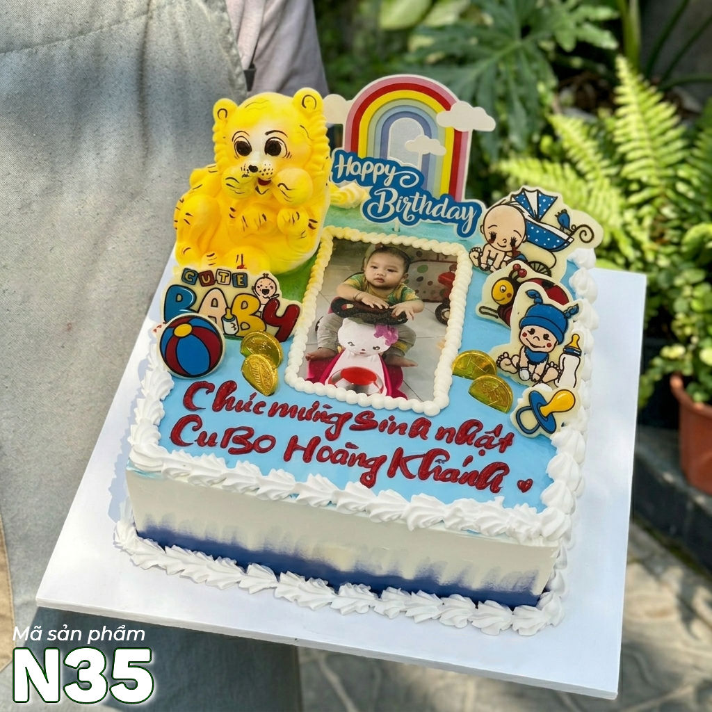 Bánh kem N35 thôi nôi đầy tháng bé con yêu in ảnh phụ kiện trẻ thơ