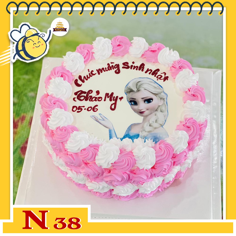 Bánh kem N38 in hình công chúa Elsa viền bánh hồng cho bé gái