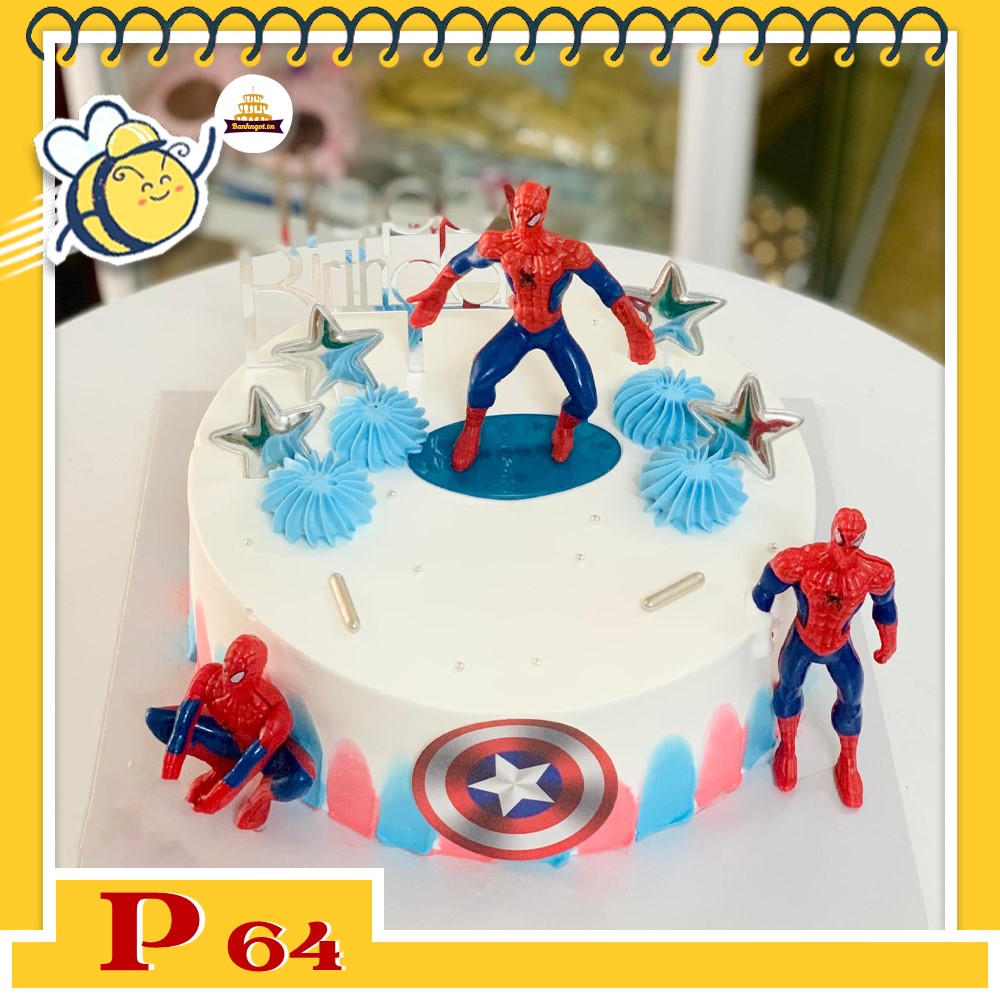 Bánh kem P64 nền trắng cắm người nhện bằng nhựa cho bé trai