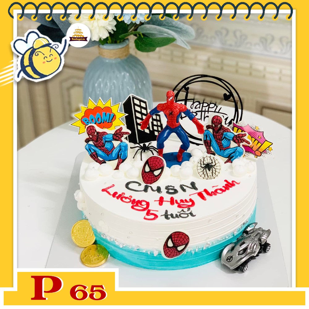 Bánh kem P65 tone màu trắng xanh đỏ của người nhện spider man con trai