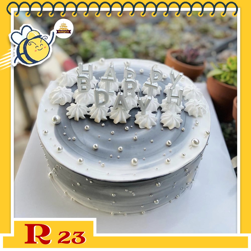 Bánh kem R23 màu xám cho nam giới, bạn trai siêu đẹp bộ nến happy birthday