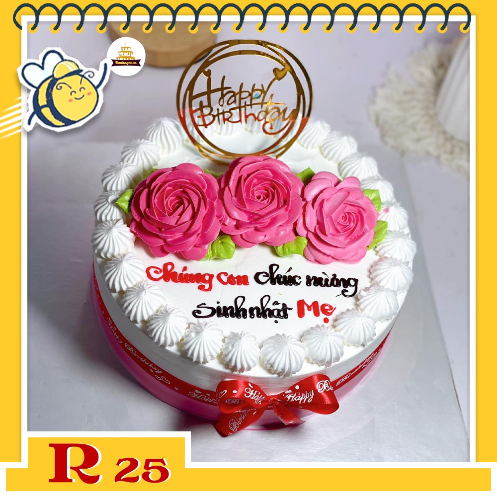 Bánh kem R25 nền trắng nổi bật 3 đóa hoa hồng xinh tặng mẹ yêu