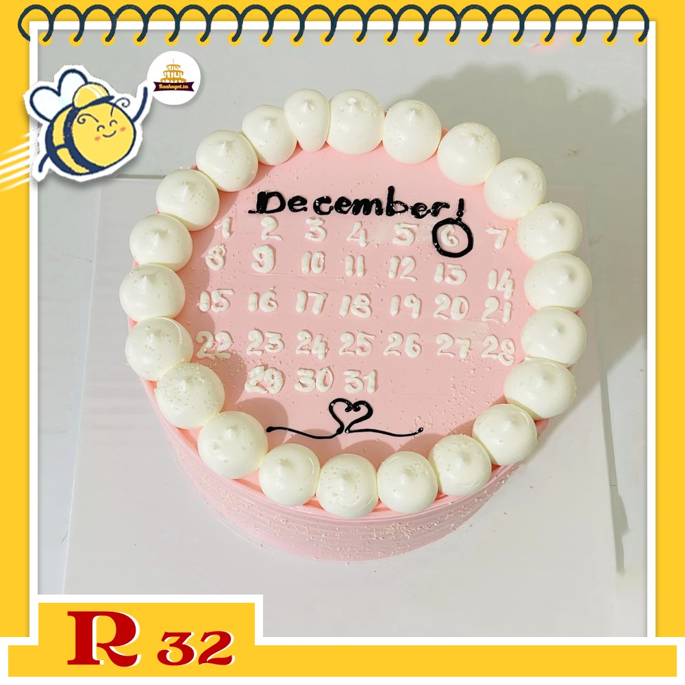 Bánh kem R32 nền hồng vẽ lịch tháng đánh dấu ngày sinh nhật