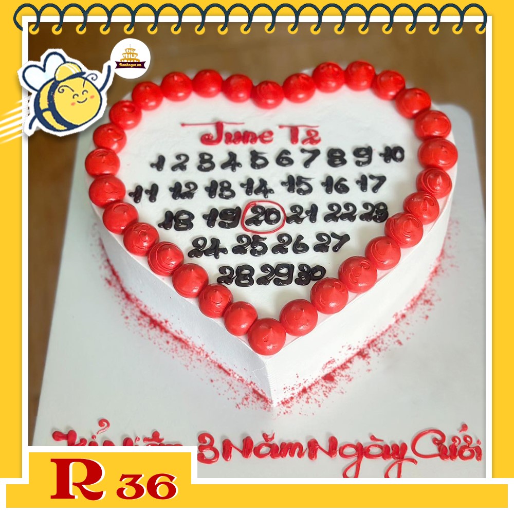 Bánh kem R36 trái tim màu trắng viền kem tròn màu đỏ vẽ lịch ngày tháng