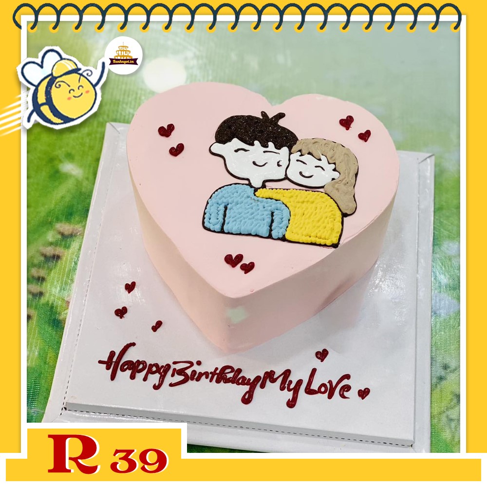 Bánh kem R39 khuôn trái tim màu hồng vẽ hình chibi couple ngọt ngào